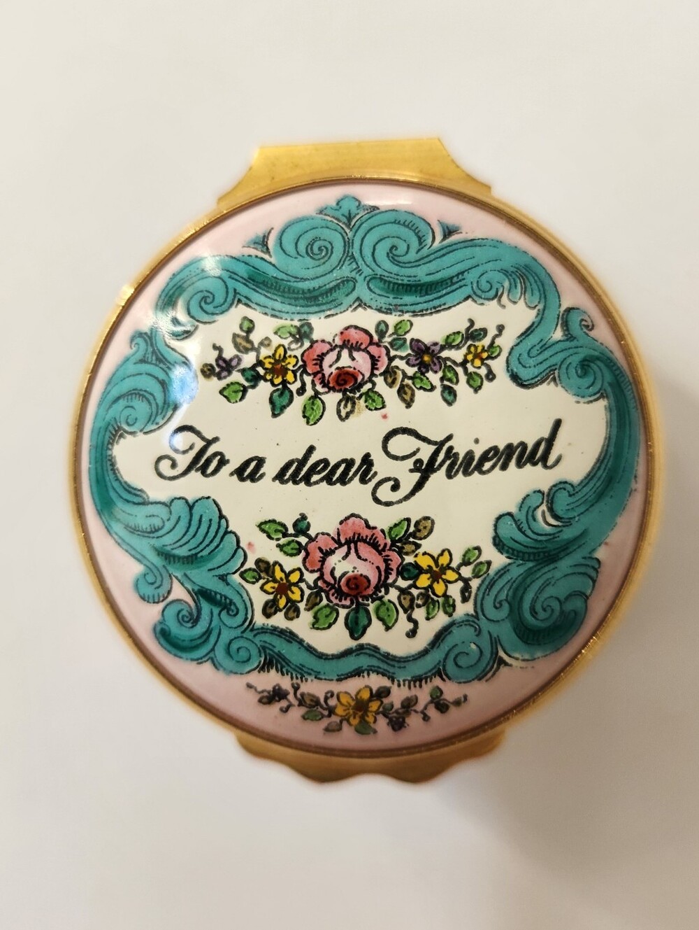 Vintage Halcyon Days Enamel Floral Tiny Round Trinket Pill Box To a Dear Friend